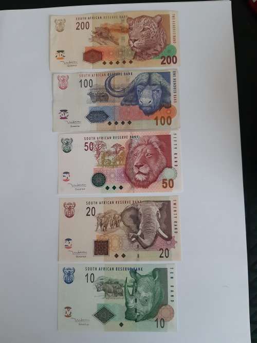Set of R10, R20, R50 (UNC) and R100, R200 (used) 2nd issue Tito Mboweni South African Banknotes